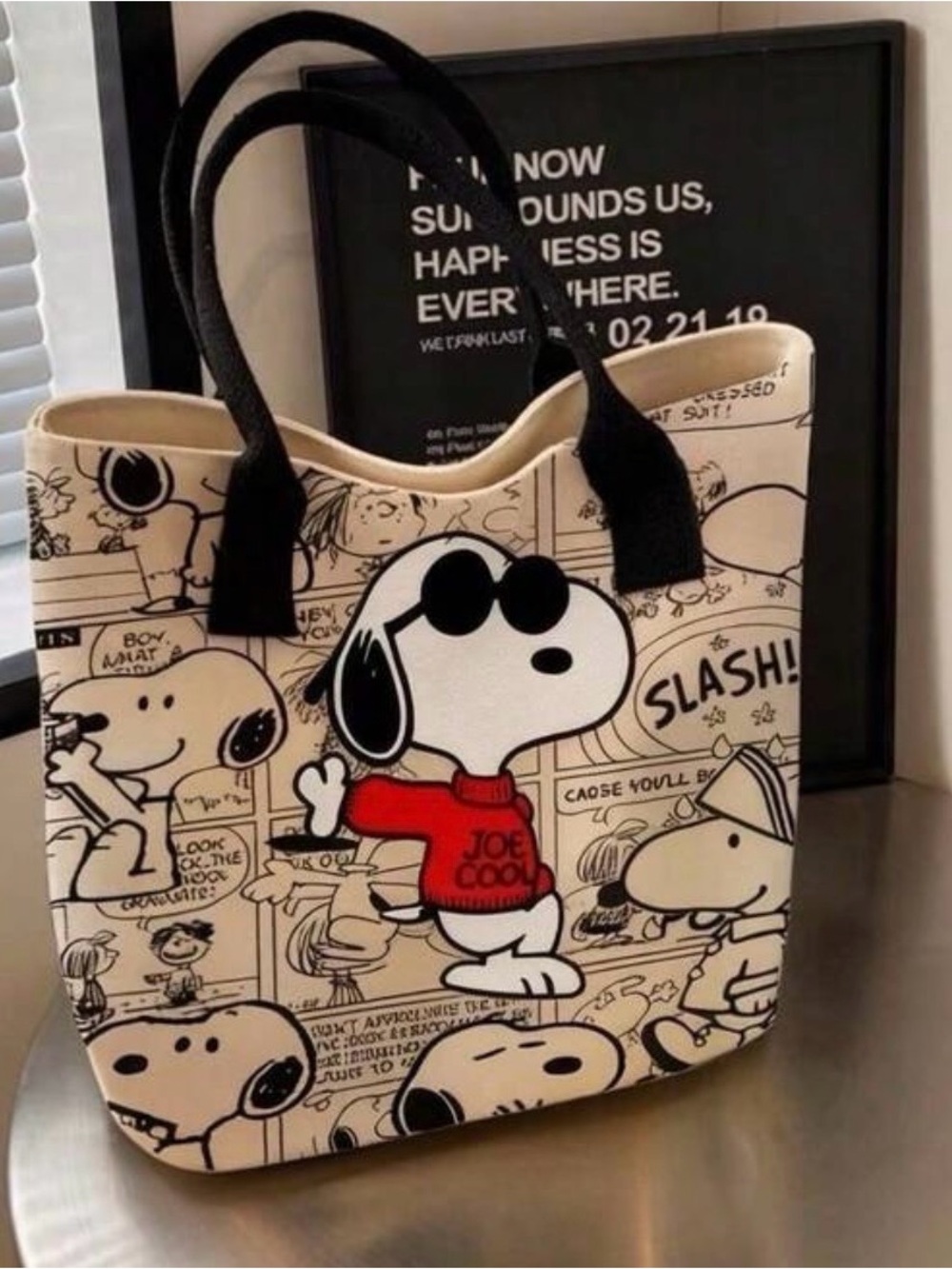 Source Unknown Snoopy Comic Tote in Cream, Black & Red